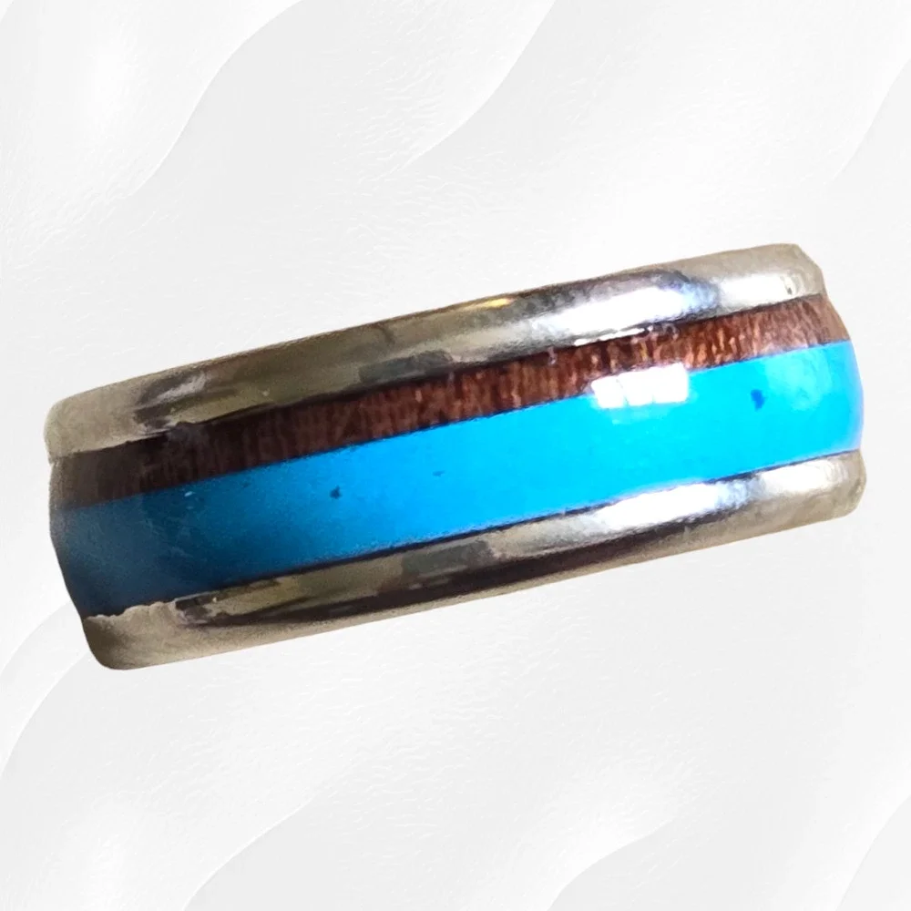 Turquoise Wood Pattern Artificial Inlay Stainless Steel Fashion Band Ring Size 9